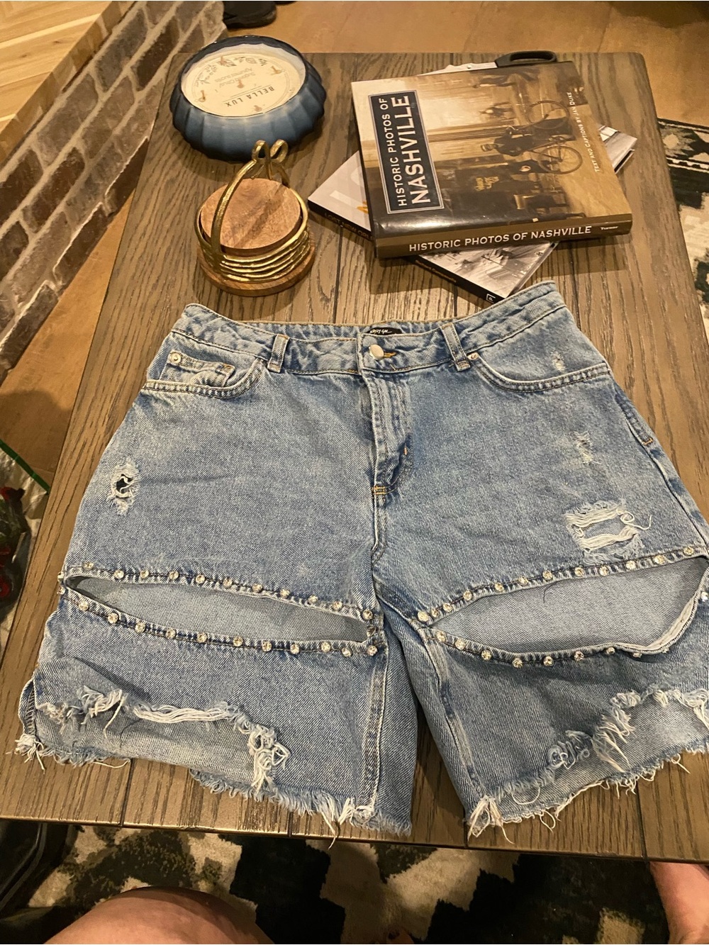 Nasty Gal Light Blue Distressed Denim Shorts with Stud Trim